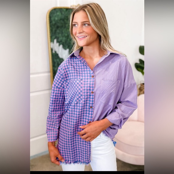 Lightweight Purple & Pink Checkered Plaid Button Down Top, Frayed Hem - Picture 2 of 15